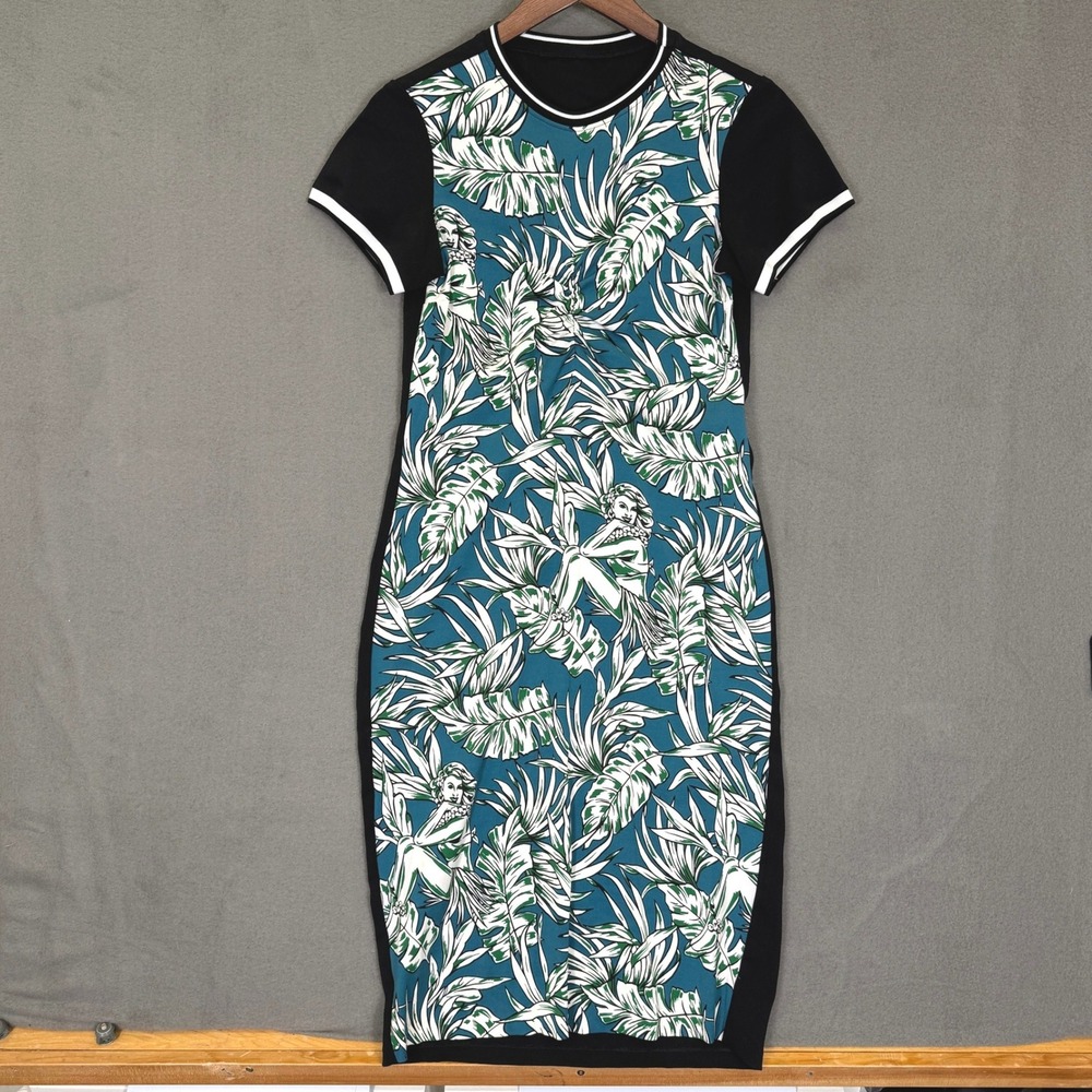 Zara Hula Girl Dress Women S Teal Black Tropical Palm Print Sheath Hawaiian Chic